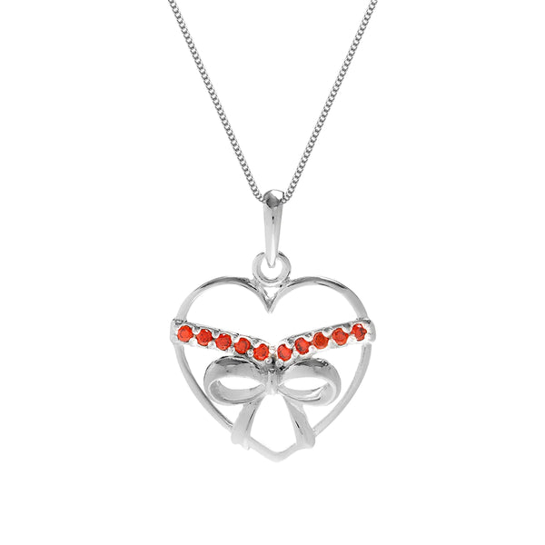 Silver Heart Pendant with Red CZ & Bow & Chain