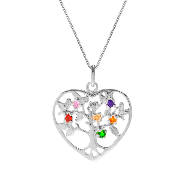 Silver Heart Tree of Life Coloured CZ Pendant & Chain