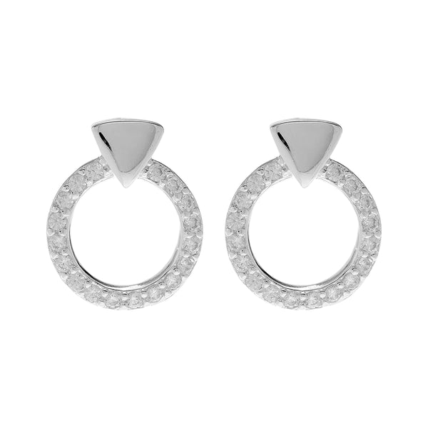 Silver CZ Circle with Triangle Top Stud Earrings