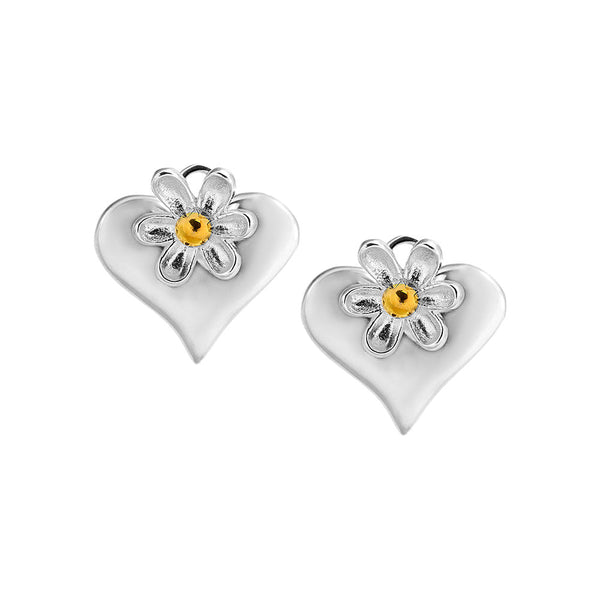 Silver Heart Shape Studs With Flower Motif