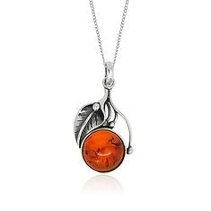 Silver Amber Circle & Leaf Oxidized Pendant & Chain