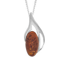 Silver Amber Oval Drop Pendant & Chain
