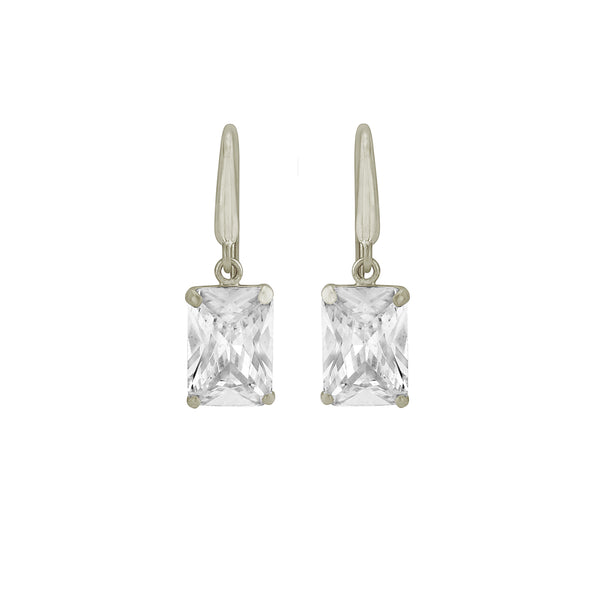 9Ct White Gold Rectangle CZ Drop Earrings On Hook