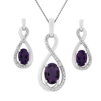 9ct White Gold Amethyst & Diamond 0.075ct Pendant & 18" Curb Chain