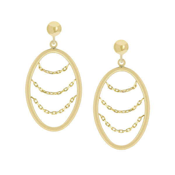 9ct yellow Gold Open Oval Drop Earrings with 3 Chains inside, 25mm long