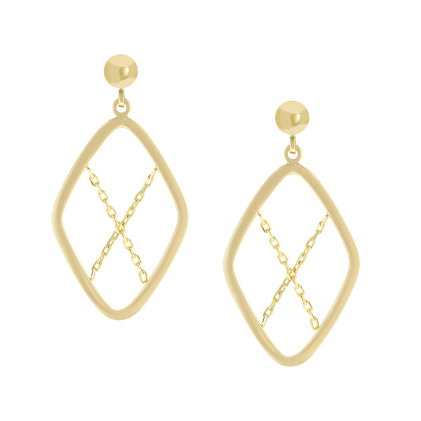 9ct Yellow Gold Open Diamond Shape Chain Drop Earrings 25mm long