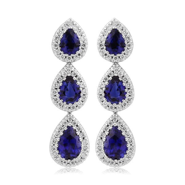 18ct White Gold 6 x Sapphire 2.18ct & 92 Diamond 0.34ct Drop Earrings