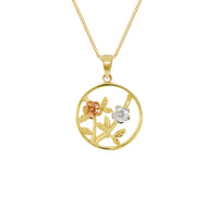 9ct Yellow/White & Rose Circle Pendant with Flowers inside & Chain