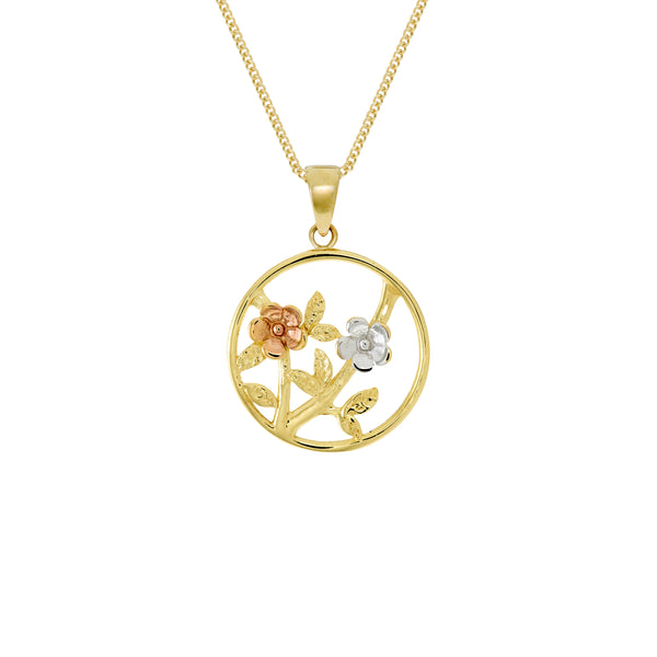 9ct Yellow/White & Rose Circle Pendant with Flowers inside & Chain