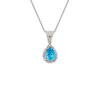 9ct White Gold Pear shaped Synthetic BT With CZ Surround & Chain