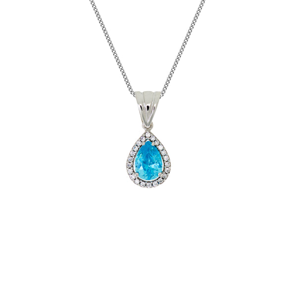 9ct White Gold Pear shaped Synthetic BT With CZ Surround & Chain