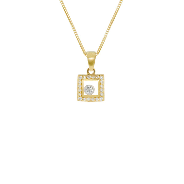 9ct Yellow Gold Open Square Shaped CZ Pendant & Chain