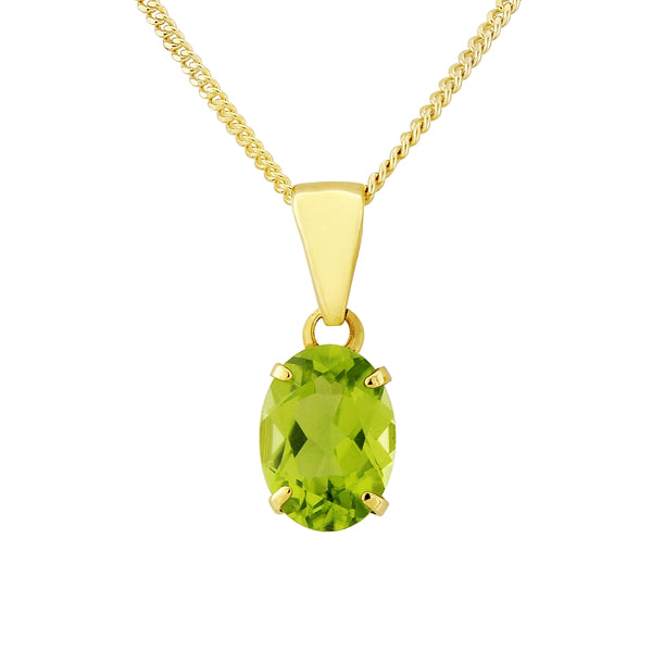 9ct Yellow Gold 4 Claw Peridot Pendant & 18" Curb Chain