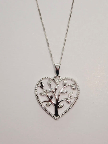 9ct White Gold Diamond Set Heart Shape Tree Of Life Pendant & Chain