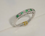 18ct White Gold Emerald & Diamond Half Eternity Ring with Cut Out Heart under bezel